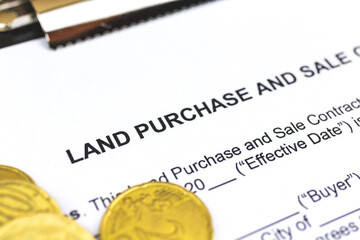 Land purchase and sale form or contract official document, sale of building plot background