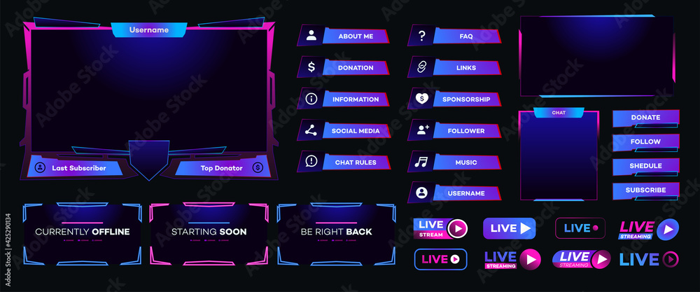 Streaming screen panel overlay design template neon theme. Live video, online stream futuristic technology style. Abstract digital user interface. Live streaming button. Vector 10 eps - obrazy, fototapety, plakaty 