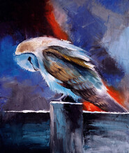 Oil Painting On Canvas, Depicting A Barn Owl Sitting On A Wooden Fence On A Winter Night