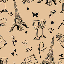 Romantic Doodle Seamless Paris  Pattern . Hand Drawn Cute Vector Pattern For Girls, Textiles, Wrapping Paper, Fashion, And More. 