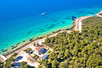 Island of Vir archipelago lighthouse and beach aerial panoramic view