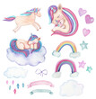 A set of watercolor hand painted elements unicorns, hearts, stars, clouds, rainbow isolated on white background.