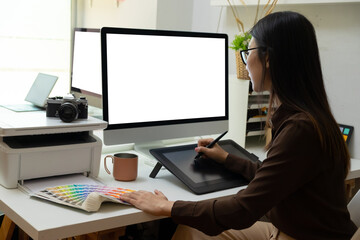Close-up view of young ui development team working together in office.