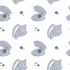 Aufkleber - Seashell Seamless Pattern in one line drawing. Hand drawn vector nautical ocean background with sea shells and pearl. Perfect for textiles, wallpaper and prints