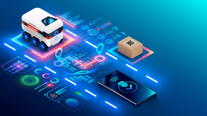 Poster - Autonomous robot on wheels delivers purchases home. The automatic drone rover route on city map to buyer. Automated courier delivery service for purchases. Tracking order delivery on mobile phone.
