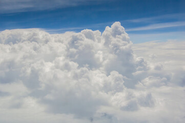 Wall Mural - over the clouds,blue sky with tiny clouds background beautiful natural view from airplane window abo