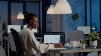 Poster - Engineer constructor designer architect creating new bluilding plan in CAD program working in business office. Industrial woman employee studying prototype idea showing cad software on device display