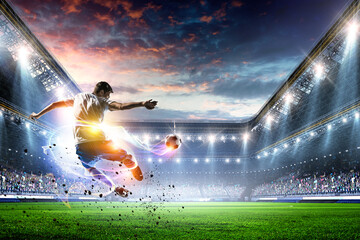 Poster - Soccer player on stadium in action. Mixed media