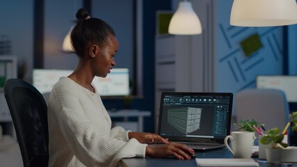 Poster - Enthusiastic african engineer analysing cad software to design a 3D concept of container working overtime in start-up company for prototype. Overworked woman studying in office using technology