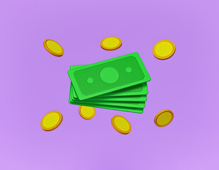 Poster - cartoon style cash and floating coins. minimal money sign. 3d rendering