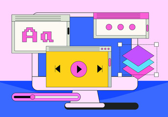 Computer screen with programs and applications. Conceptual flat vector illustration of home office, UI and UX design and programming.