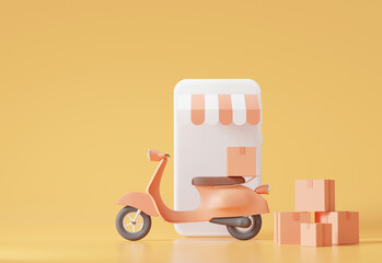 Poster - Online shop delivery fast speed concept motorcycle scooter home and office shipping. service express trunking on soft orange pastel background. 3D rendering