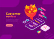 Customer review isometric landing page. Smileys and gold stars falling into funnel and client rating displaying in app on smartphone screen. Clients satisfaction, feedback and best result concept.