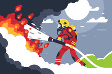 Flat Fire Fighting Man Puts Out Fire.