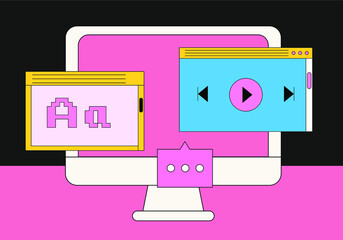 Leinwandbilder - Computer screen with programs and applications. Conceptual flat vector illustration of home office, UI and UX design and programming.