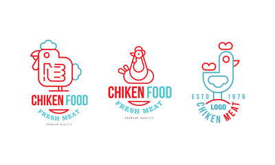 Wall Mural - Chicken Food Logo Design Templates Set, Premium Quality Fresh Meat Badges Cartoon Vector Illustration