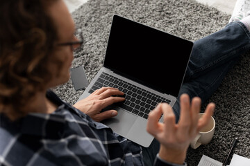 Poster - Guy Video Calling Via Laptop Gesturing Okay At Home, Mockup