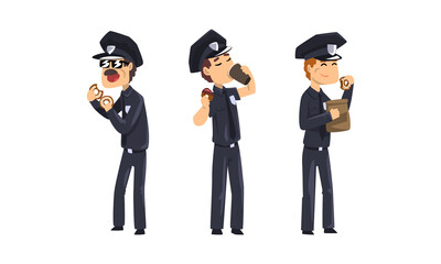 Sticker - Male Police Officers Eating Donuts and Drinking Coffee, Policemen in Blue Uniform Having Lunch Vector Illustration