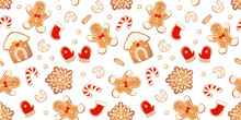 Christmas gingerbread vector seamles pattern. Winter characters in cartoon style. Awesome holiday design background. New year in scandinvian style.