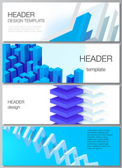 Poster - Vector layout of headers, banner templates for website footer design, horizontal flyer design, website header backgrounds. 3d render vector composition with dynamic geometric blue shapes in motion.