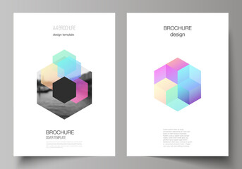 Poster - Vector layout of A4 format cover mockups design templates with colorful hexagons, geometric shapes, tech background for brochure, flyer layout, booklet, cover design, book design, brochure cover.