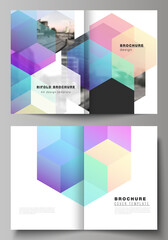 Poster - Vector layout of two A4 format cover mockups design templates with abstract shapes and colors for bifold brochure, flyer, magazine, cover design, book design, brochure cover.