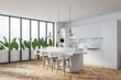 Bright modern kitchen room interior with four barstool