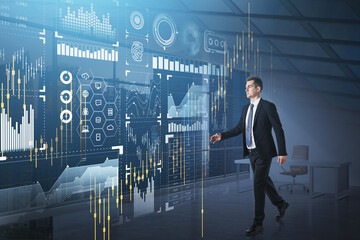 Poster - Businessman wearing formal suit is walking forward to digital in