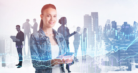 Poster - young woman with phone in hands, office workers and forex