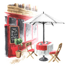 Summer Street Cafe In The City. Watercolor Hand Drawn Illustration, Isolated On White Background