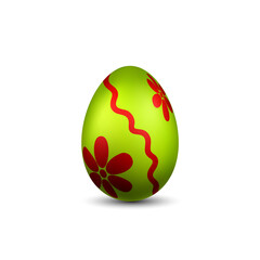 Wall Mural - Easter egg 3D icon. Red green color egg, isolated white background. Bright realistic design, decoration for Happy Easter celebration. Holiday element. Shiny pattern. Spring symbol. Vector illustration