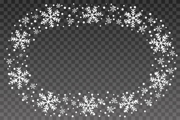 Wall Mural - Snow border frame. Christmas texture, isolated on transparent background. Snowflake abstract effect. Holiday border, silver glitter. Blizzard design. Winter snow fall decoration Vector illustration