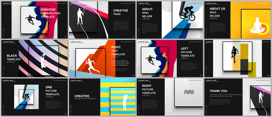 Wall Mural - Presentation design vector templates, multipurpose template for presentation slide, brochure cover design. Abstract colored sport backgrounds in unique style for sport event, fitness design.