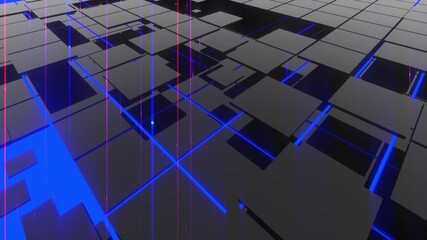 Poster - The horizontal plane of neon and black squares is pierced by vertical multi-colored lasers. Motion graphics. Seamless loop.