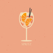 Aperol Spritz Cocktail On Pink Background. Vector Illustration Of Alcohol Cocktail Drink With Ice Cubes. Summer Cocktail Aperetif With Oranges