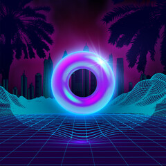 Wall Mural - retro palms with wireframe landscape on sunset light. futuristic city vector illustration.