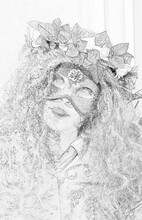 Woman With Mask And Flower Crown With Black And White Drawing Effect 