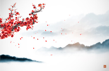 Wall Mural - oriental cherry blossoming branch, petals on the wind and distant blue mountains. traditional orient