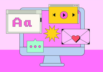 Leinwandbilder - Computer screen with programs and applications. Conceptual flat vector illustration of home office, UI and UX design and programming.