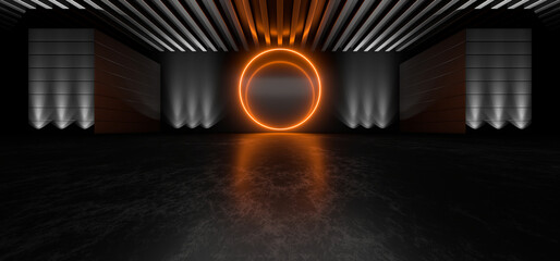 Poster - Sci Fy neon lamps in a dark tunnel. Reflections on the floor and walls. 3d rendering image.