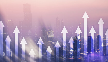 Wall Mural - Double exposure Arrows Up Modern City Concept 2021