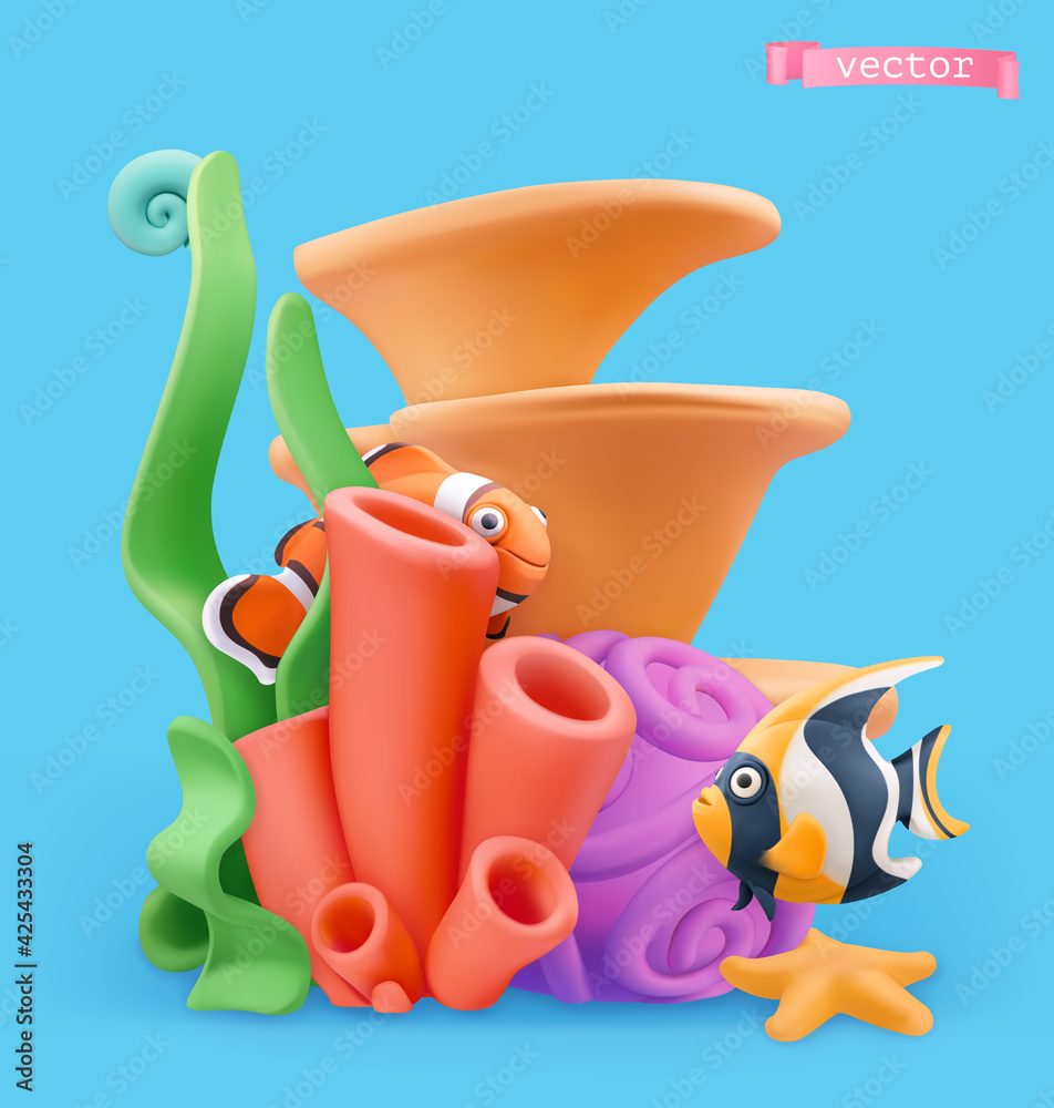 Coral reef and fish. 3d vector cartoon illustration. Plasticine art objects - obrazy, fototapety, plakaty 