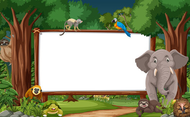 Wall Mural - blank banner in the rainforest scene with wild animals