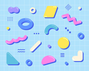Wall Mural - cute shapes are scattered on the blue grid. simple pattern design template.