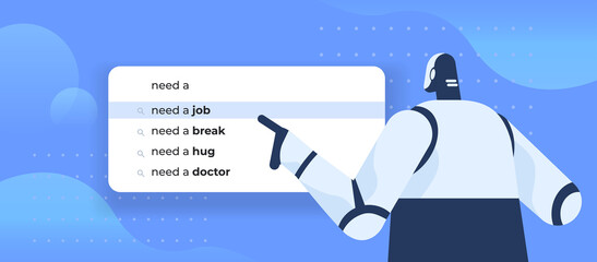 Poster - robot writing need a job in search bar on virtual screen find job online recruitment service artific