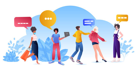 Poster - mix race people chatting with speech bubbles social network chat bubble communication concept