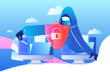 Poster - hacker stealing personal confidential data anonymous man attacking computer cyber criminal phishing 