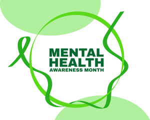 Mental health awareness month concept. Banner template with green ribbon and text.  Vector illustration.