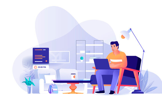 Freelance working scene. Man working on laptop from home office. Freelance, self employment job, remote work, comfortable workplace concept. Vector illustration of people characters in flat design