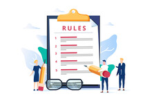 Rules Vector Illustration. Flat Tiny Regulations Checklist Persons Concept. Restricted Graphic Writing With Law.